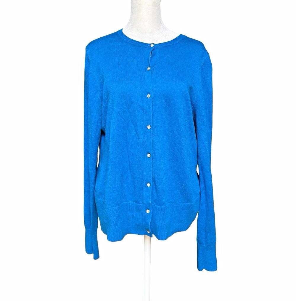 Ann Taylor Factory Blue Solid Knit Crewneck Button Cardigan Sweater Womens L